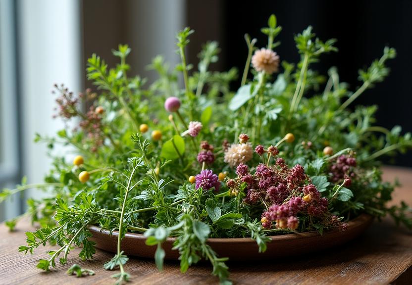 Assortiment van verse en gedroogde kruiden in botanische opstelling